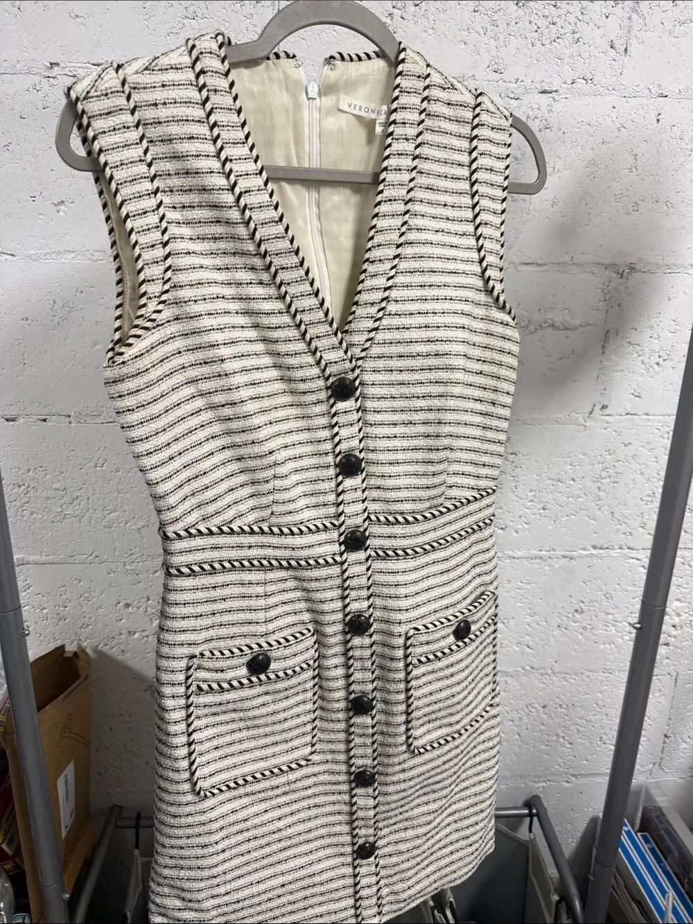 Veronica Beard Cream and Black Striped Sleeveless Tweed Mini Dress Size 2